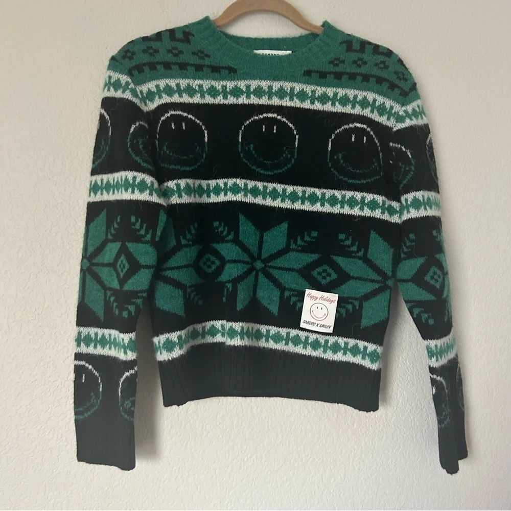NWT Sandro Green & Black Wool Smiley Intarsia Sweater